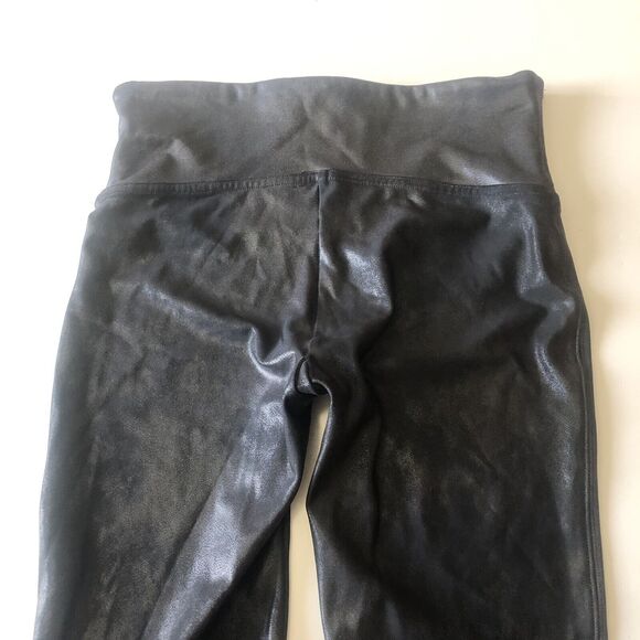 Spanx Leggings Black Faux Leather Metallic Stretch Pants Skinny Medium Petite - Picture 10 of 14